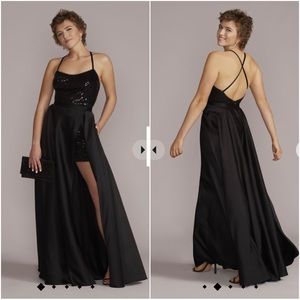 2 piece black mini dress adjustable straps, detachable overskirt with pockets